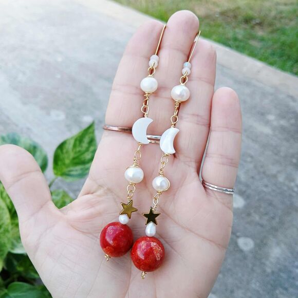 Long Statement Freshwater Pearl, Apple Coral, Seashells, Moons, & Stars Earrings - Picture 5 of 9